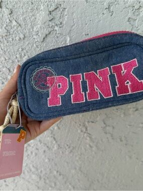 PINK Victoria's Secret Denim Cosmetic Pouch with Pink Trim